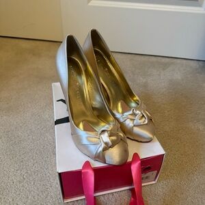 Paris Hilton heels. Ivory satin with rhinestones